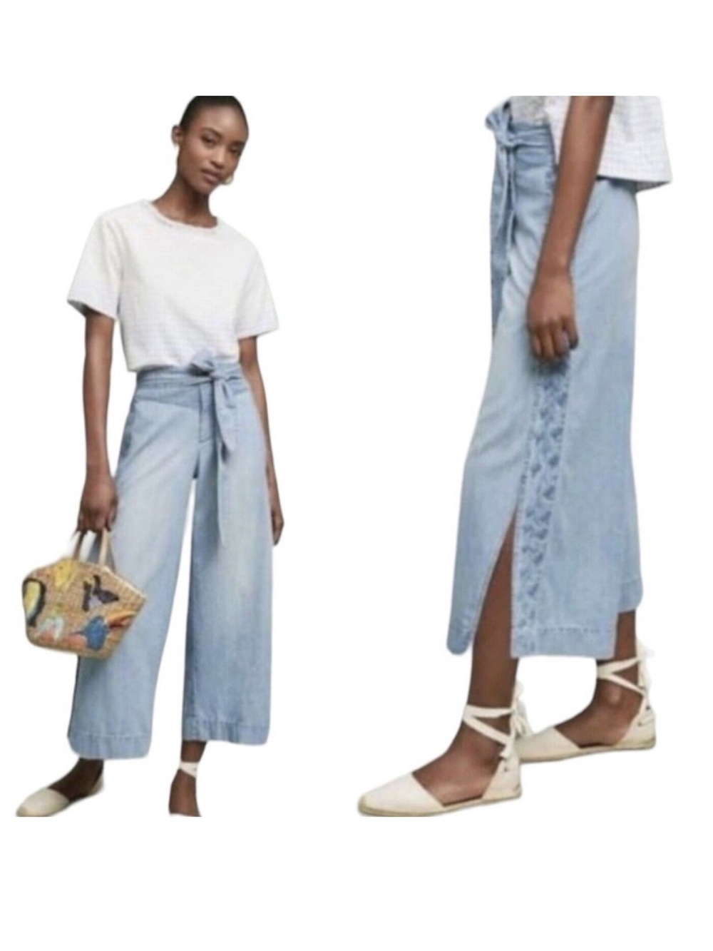 Pilcro and the Letterpress Chambray Wide Leg Beaded Embroidered Pants